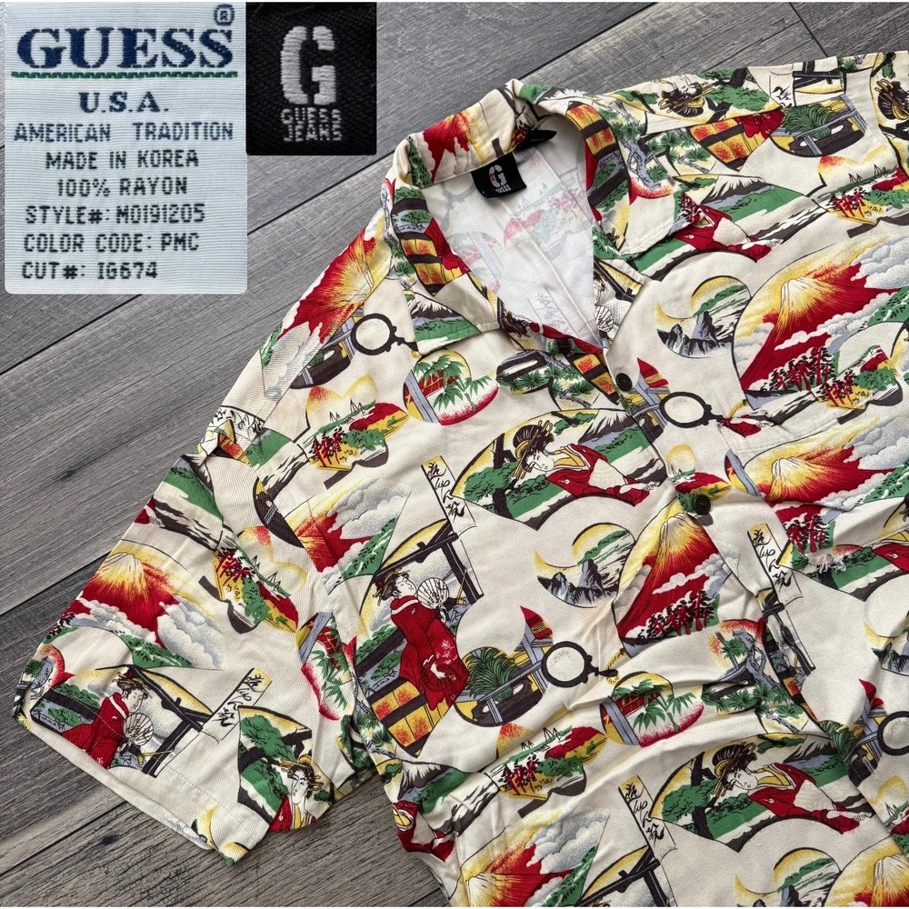 VTG Guess Jeans Japanese Geisha Mt Fuji Rayon Button Up Hawaiian Shirt Mens Sz M